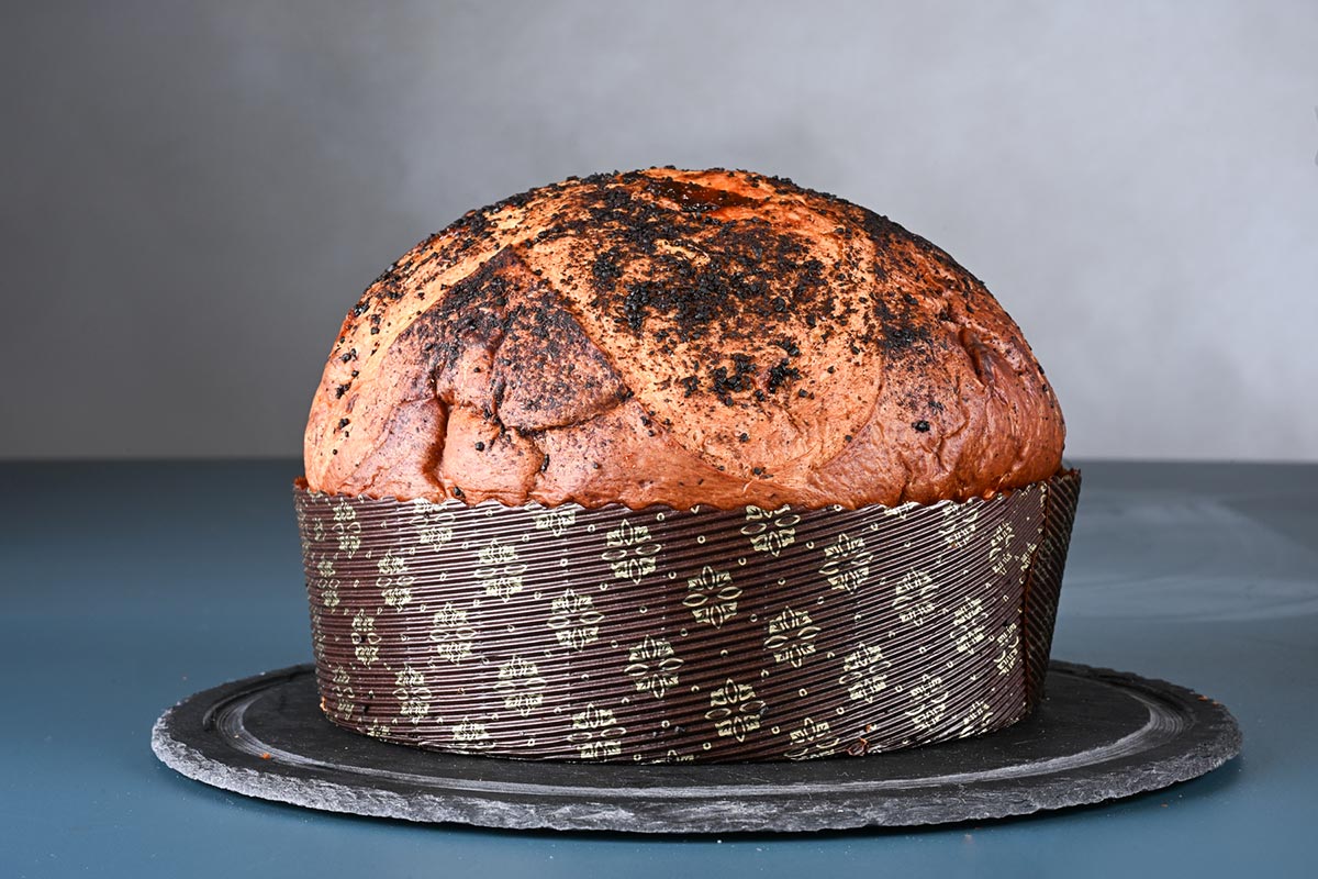 Panettone artigianale Exentia, intero su sfondo del laboratorio.