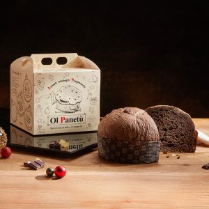 Panettone cioccolato e pere Exentia nel pack dedicato al dialetto bergamasco: Ol Panetù.